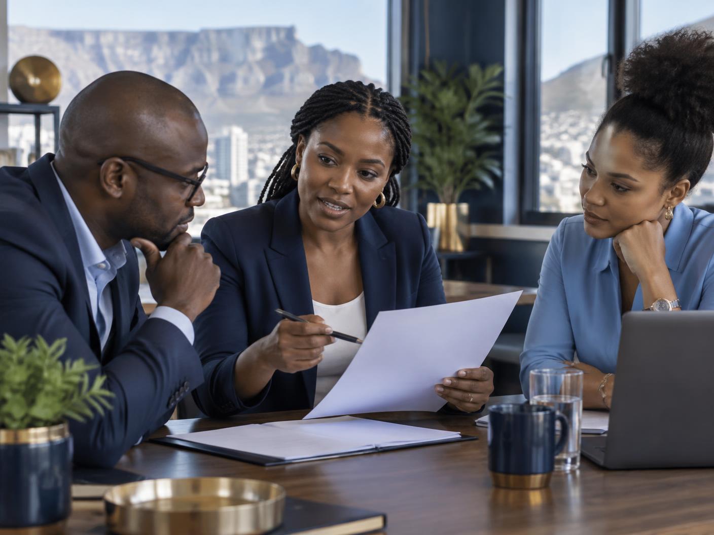 Consultant discussing workplace policy documents with managers