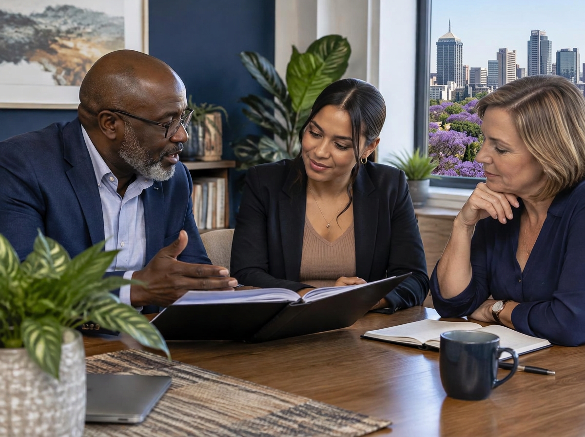 A South African labour-law consultant discussing a workplace matter with two clients at a meeting table in a Johannesburg office