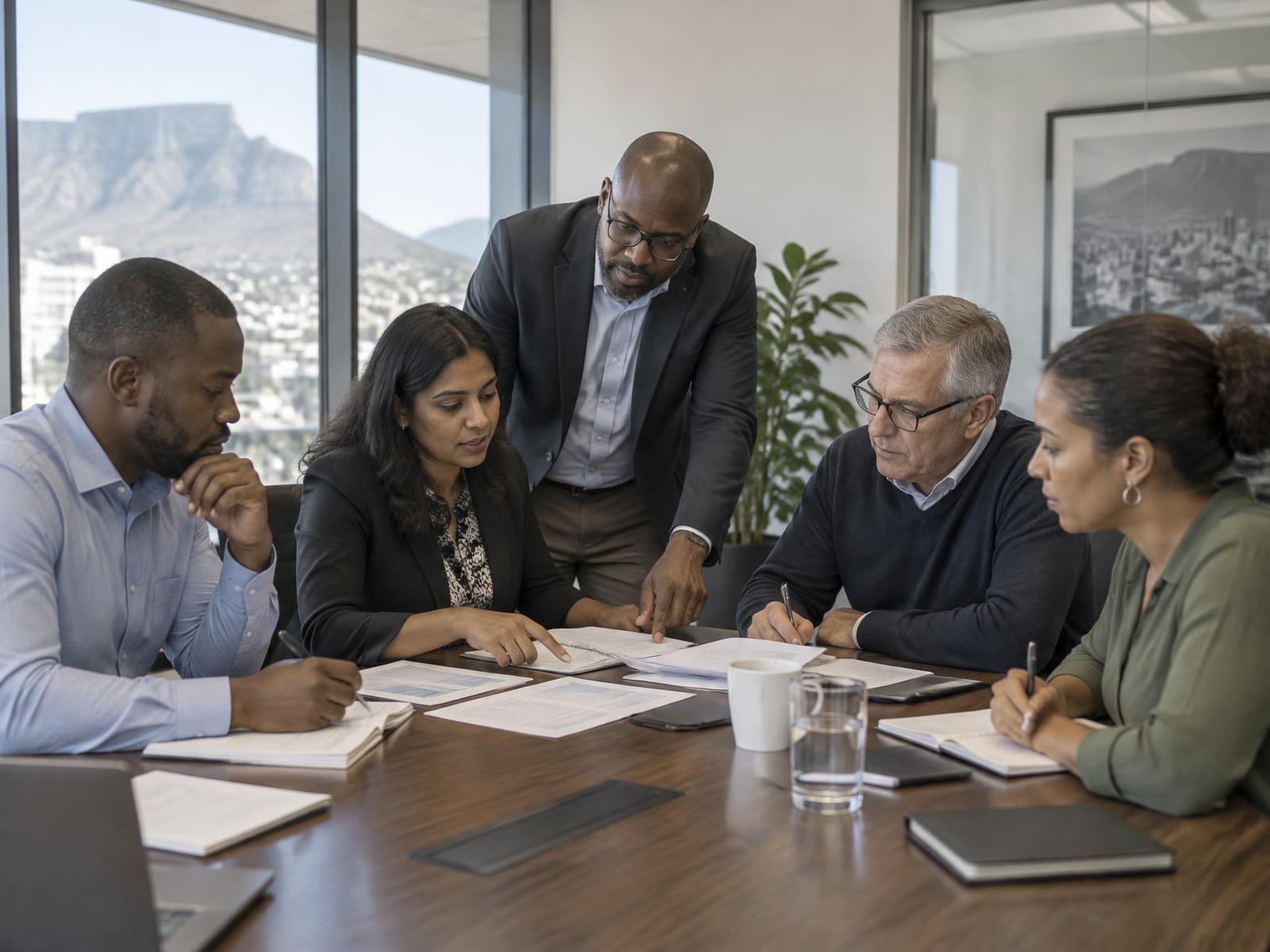 South African professionals discussing workplace documents during in-house training