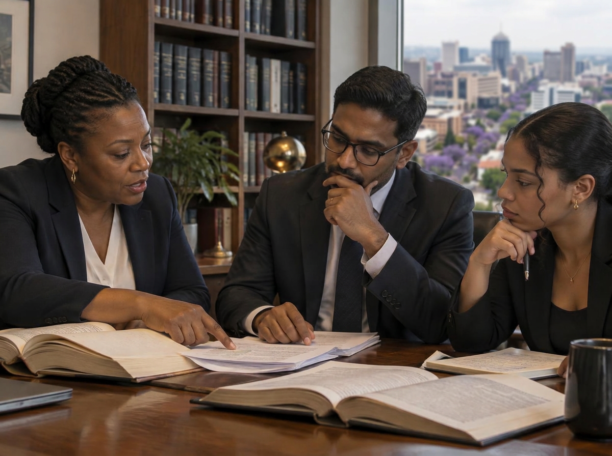 Three South African professionals reviewing labour-law documents and reference books around a table in a Johannesburg office