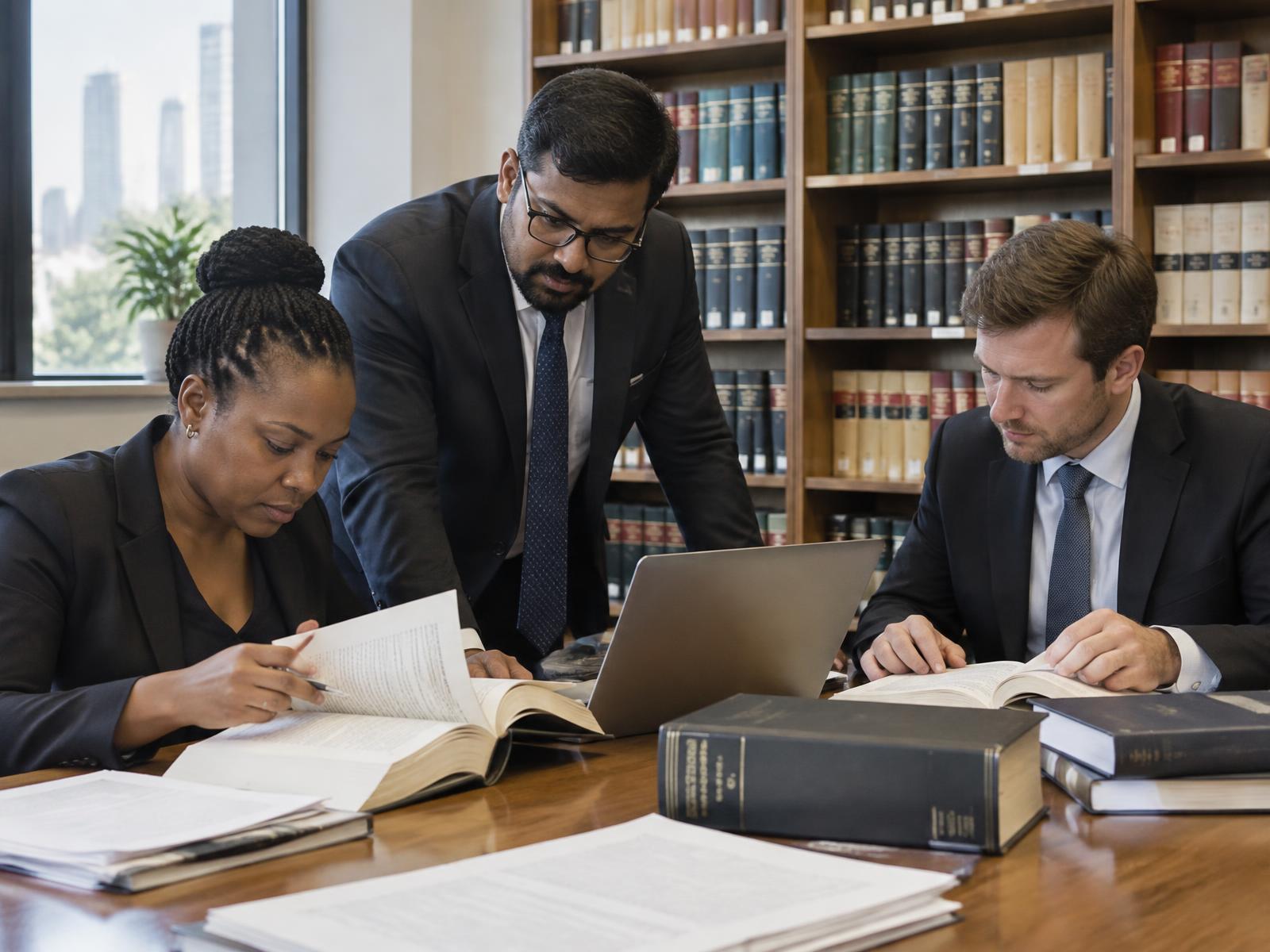 South African professionals reviewing labour-law reference books and documents in a Johannesburg office library