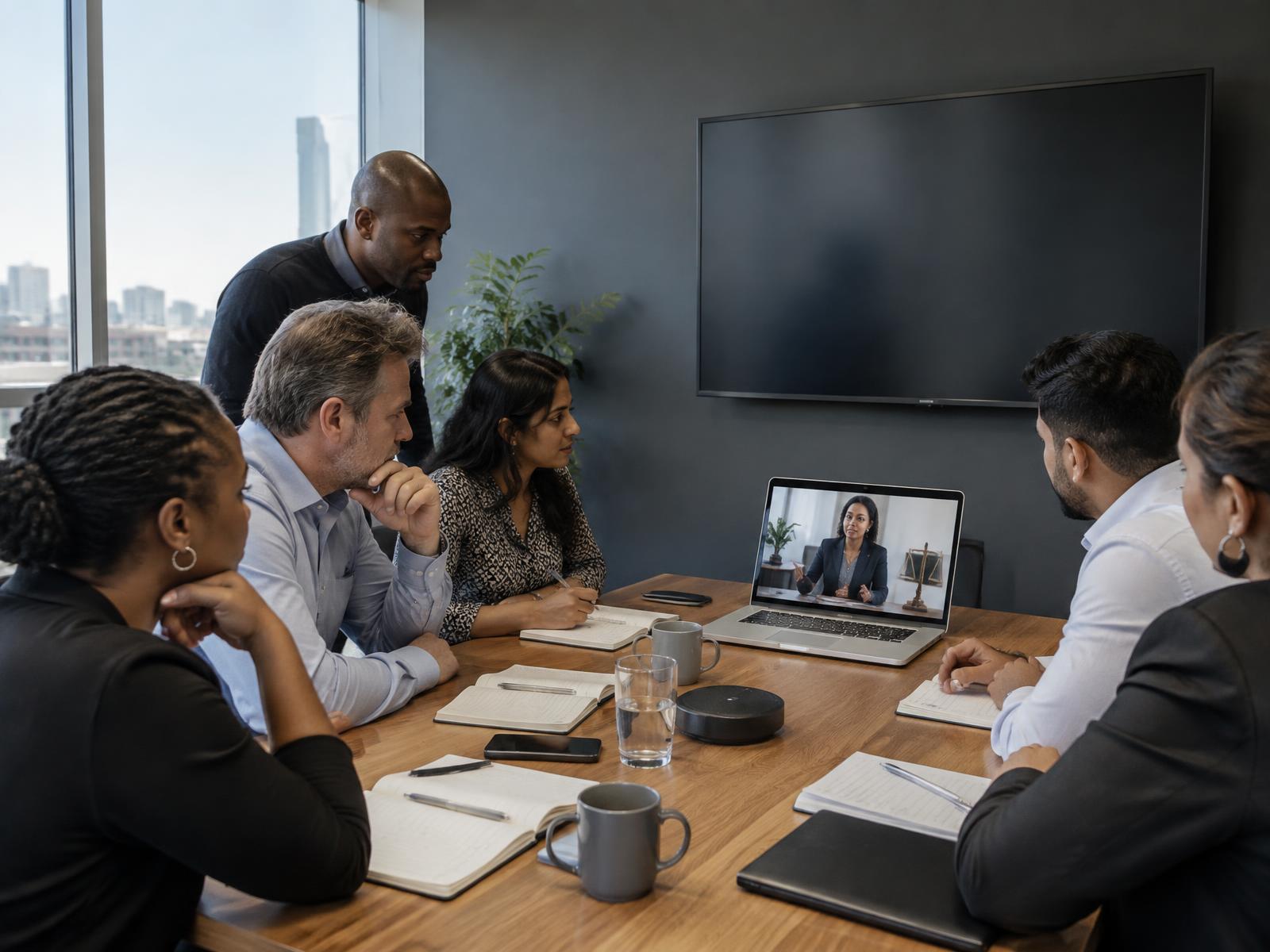 A diverse group of South African professionals discussing an educational labour-law video in a Johannesburg office